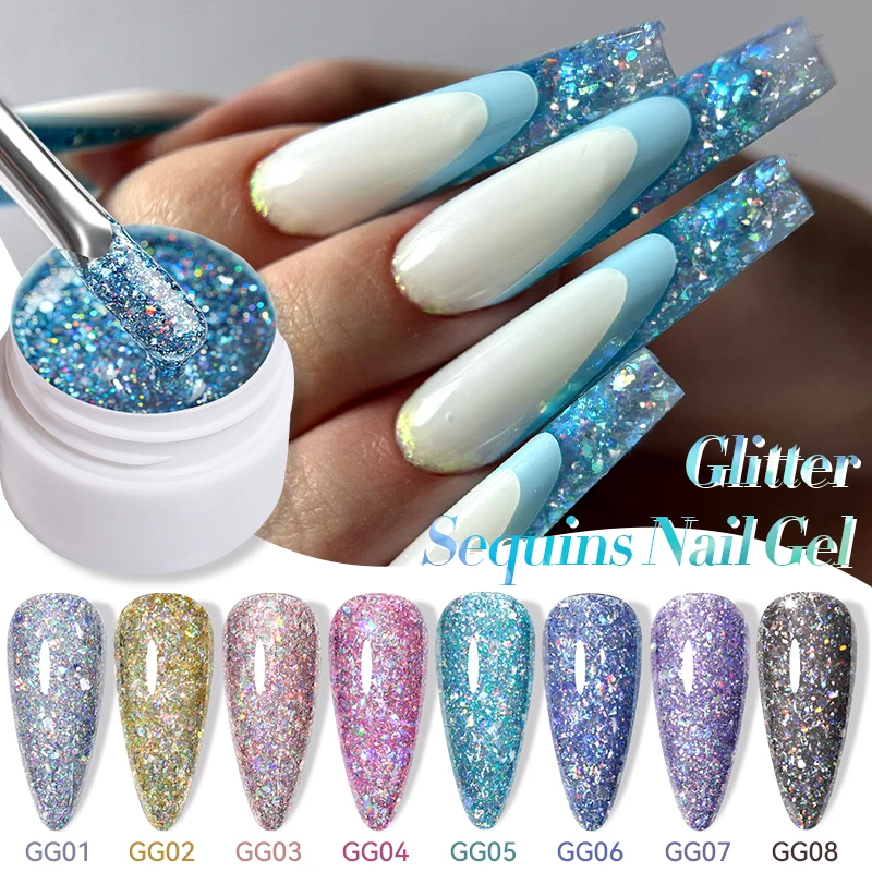 LILYCUTE 7ml 글리터 스팽글 젤 매니큐어 글리터 불규칙한 모양의 스파클링 젤 UV LEDFor 네일 아트 살롱 홈 DIY