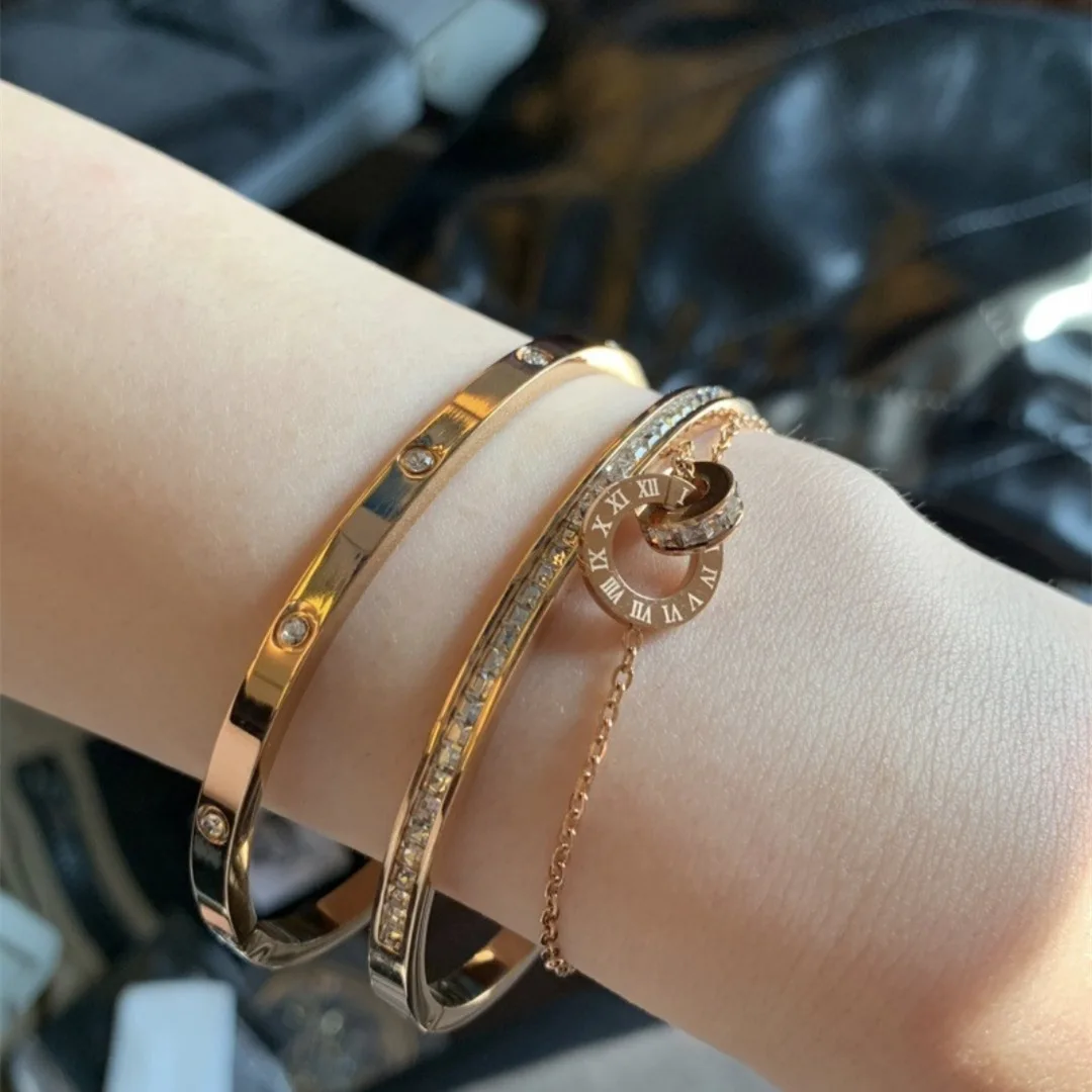 Stainless Steel Bracelet Htpwe Stainless Steel Diamond Ring Stacking Bracelet Women 18k Gold Plated Couple Holiday Gift Fashion Bracelet Party Jewelry