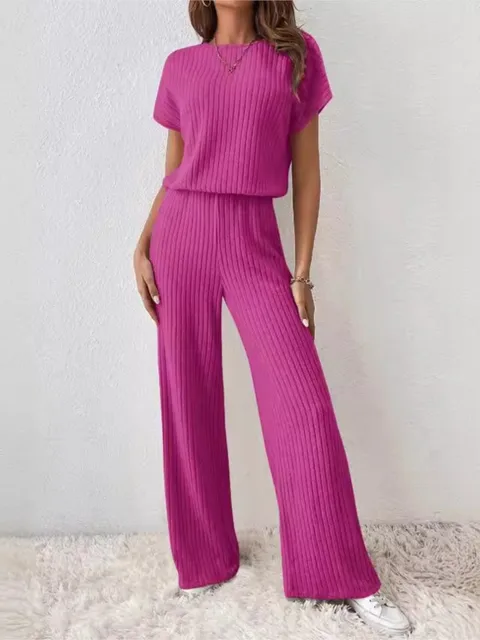 Simple Style Rib Knit Long Pants Suit Women Casual Short Sleeve T-shirt & Loose Trousers 2 Piece Sets Summer Autumn Women Set 4