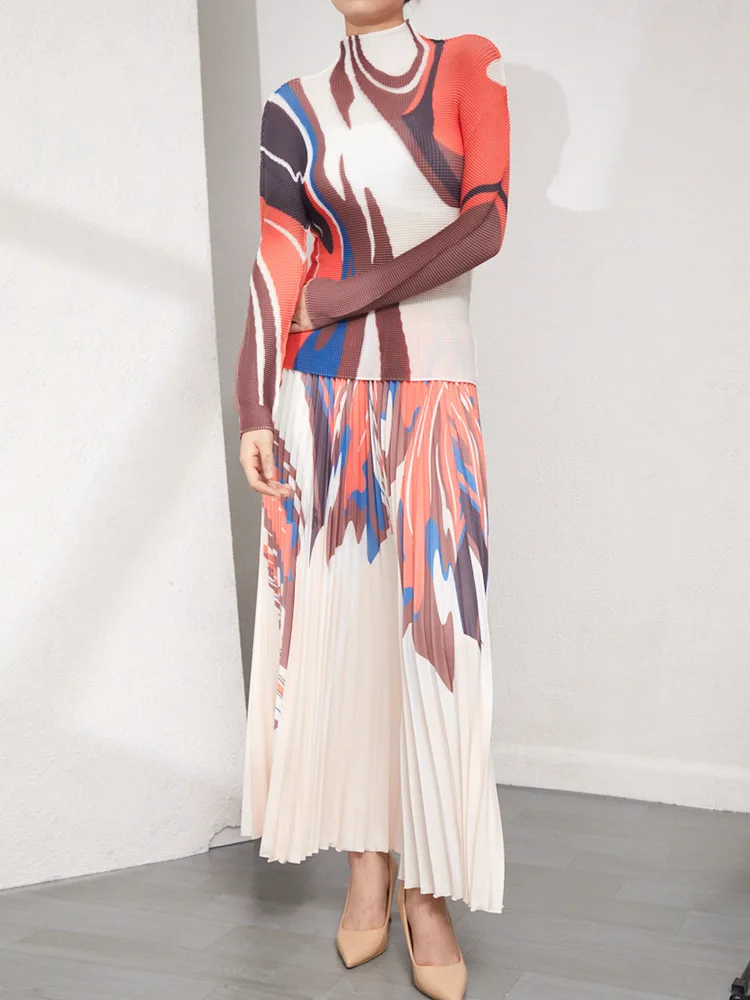 

Pleated skirt two-piece Miyake pleated women's age-reducing fashion suit new print design long-sleeved top women