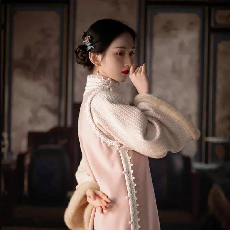 

Pink Long Qipao Sweet Vintage Chinese Dress Hanfu Women Traditional Harajuku Robe Orientale Female Thicken Cheongsams Winter New
