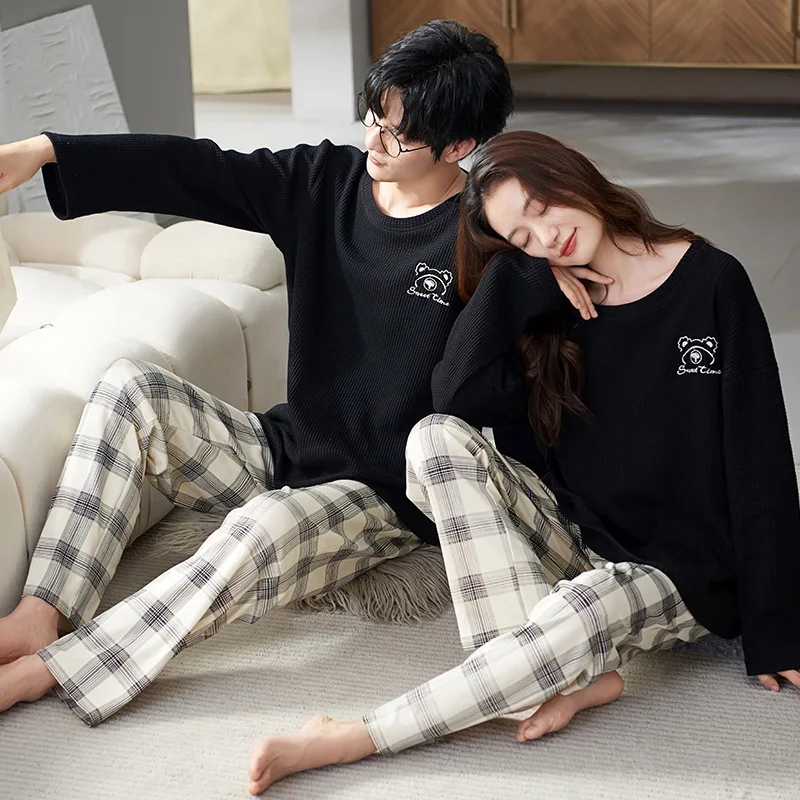 수면 상의 및 바지 남녀 매칭 잠옷 세트, 코튼 와플 애호가, 용수철 잠옷 커플 잠옷, 한국 잠옷