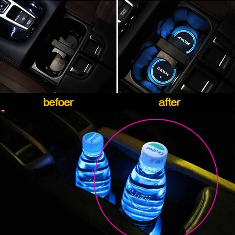 야광 LED 자동차 컵 홀더 코스터 조명, 미쓰비시 ASX용, USB 충전, 내부 분위기 램프, 7 가지 색상 변경