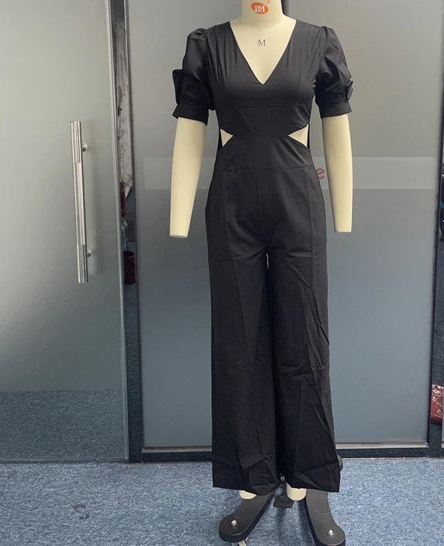 Women's Jumpsuit 2024 Summer Fashion Bubble Sleeve V-Neck Zipper Solid Color Sexy Hollow Waistband Loose Wide Legs Jumpsuit