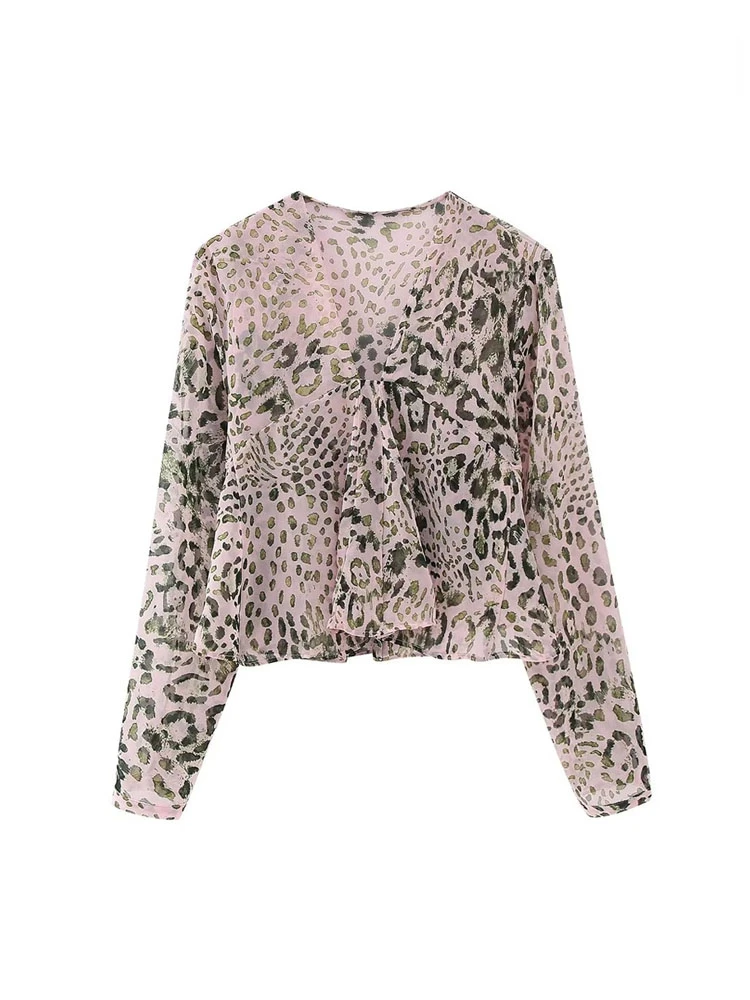 

TRAF Women Fashion Semi Sheer Animal Print Blouses Vintage V Neck Long Sleeve Female Shirts Blusas Chic Tops Casual Clothes
