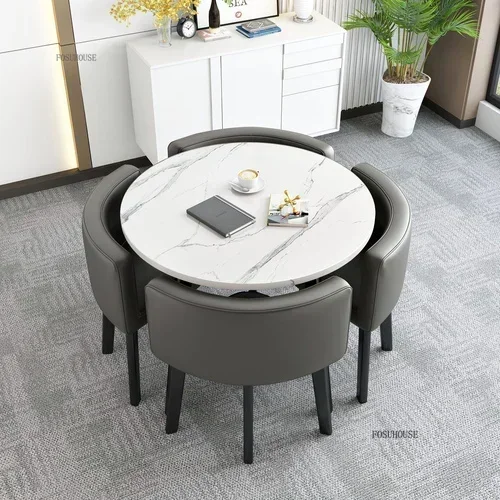 Conjunto de mesas de jantar redondas nórdicas, móveis para sala de jantar, cozinha, conjunto de mesa de jantar com 4 cadeiras, luz para casa, mesas centrais de luxo 51