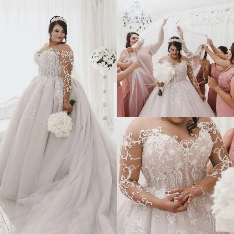 

Plus Size A-Line Wedding Dresses Princess Vestido De Novia Sheer Neck Long Sleeves Tulle Appliqued Lace Bead Pearls Wedding Gown
