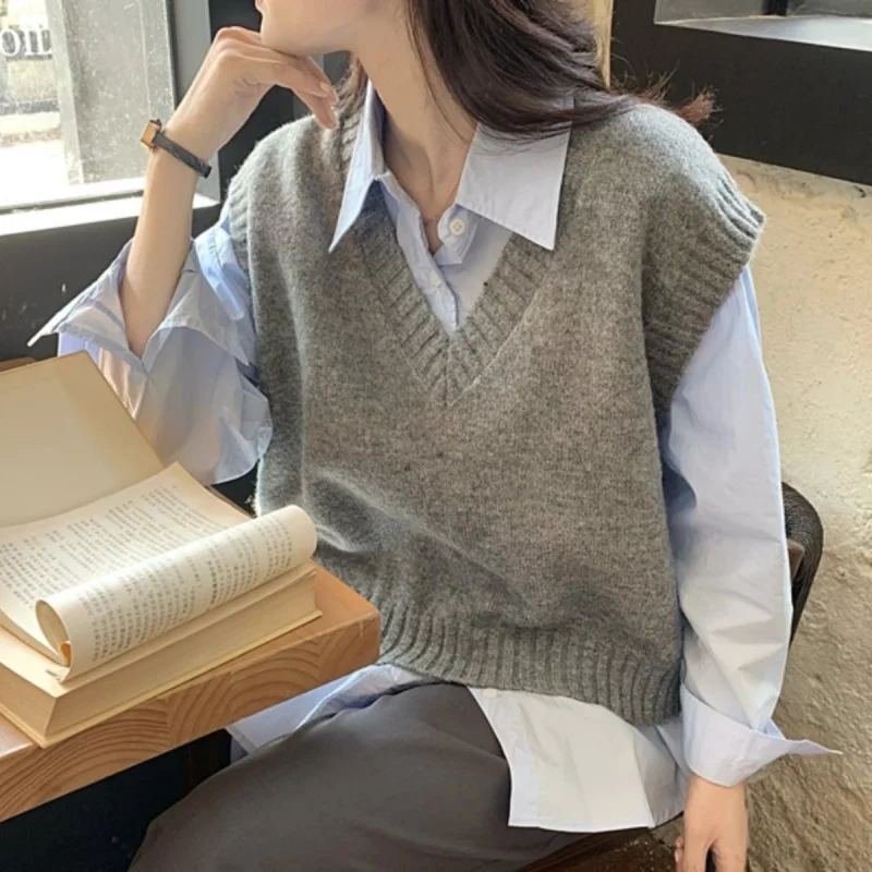 Women V Neck Knitted Vest Sweater Autumn Casual
