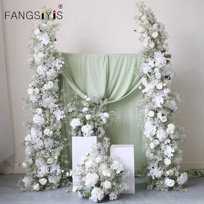 

White Baby Breath Orchid Rose Artificial Flower Row Wedding Arch Deco Hanging Gypsophila Floral Arrangement Party Backdrop Props