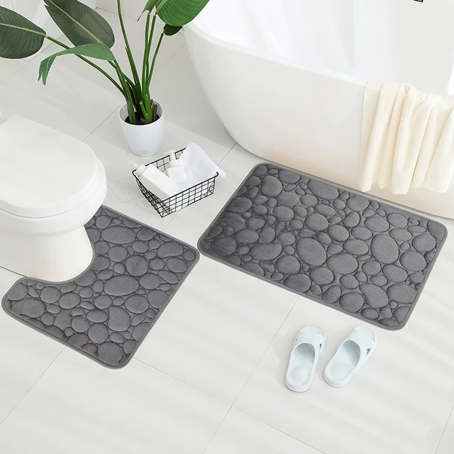 Clearance_Embroidered Tapis de sol en velours de corail galets, tapis de salle de bain, tapis de pied absorbant en éponge en forme de U pour salle de bain, tapis de porte, deux 2