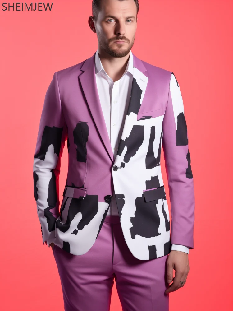 American Flag Men's Suit Set Adult Cow Graffiti Print Wedding Party Cosplay Fashion Evening Dress Costume Stage Gentleman Slim