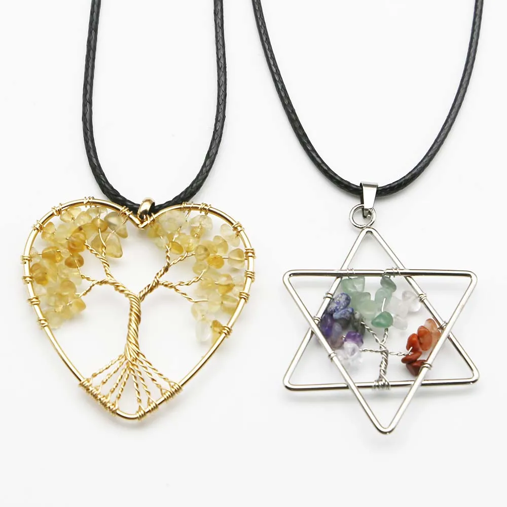 Natural Colorful Stone Crystal Fortune Life Tree Pendant Leather Rope Necklace Reiki Charm Fashion Jewelry Accessories Gift 6Pcs