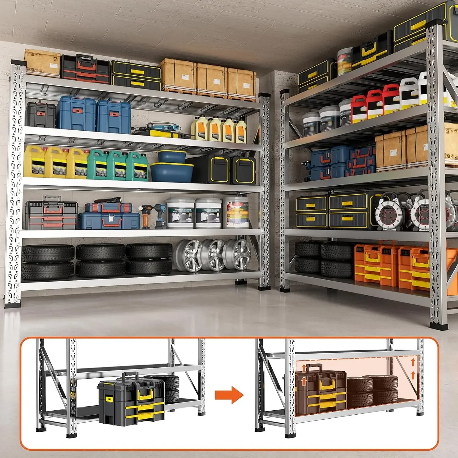 78"W Garage Shelving 4400LBS Heavy Duty Garage Shelving Units and Storage Adjustable 5 Tier Stainless Steel Industrial Shelves 4