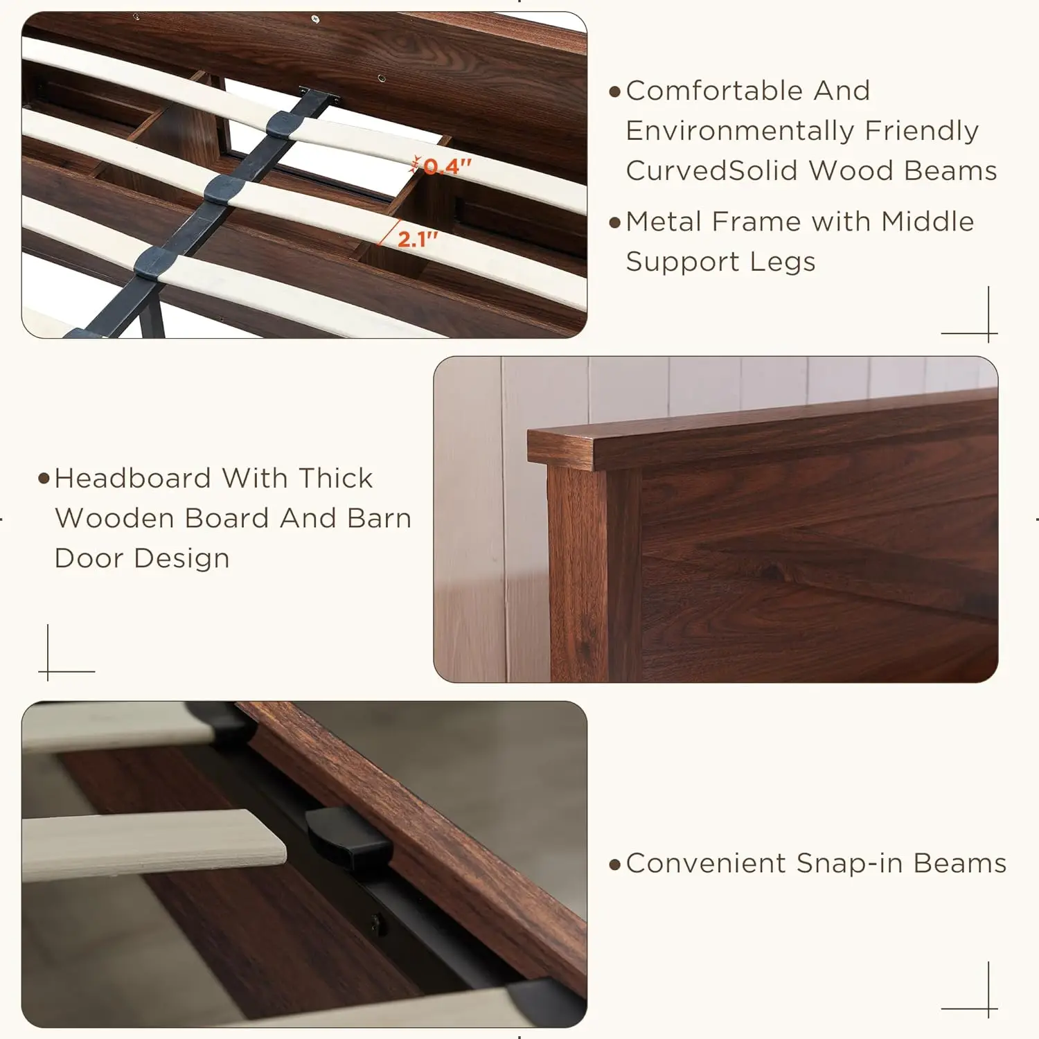 King Farmhouse Wood Bed Frame with Sliding Barn Door Storage Cabinets, Solid Wood Slats Support,  No Box Spring Needed, Brown 5