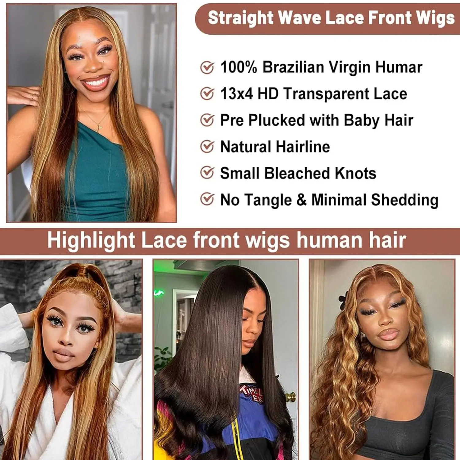Highlight Ombre Lace Front Wig Human Hair 13x4 HD Straight Lace Front Wigs 200% Density 4/27 Honey Blonde HD Lace Frontal Wigs