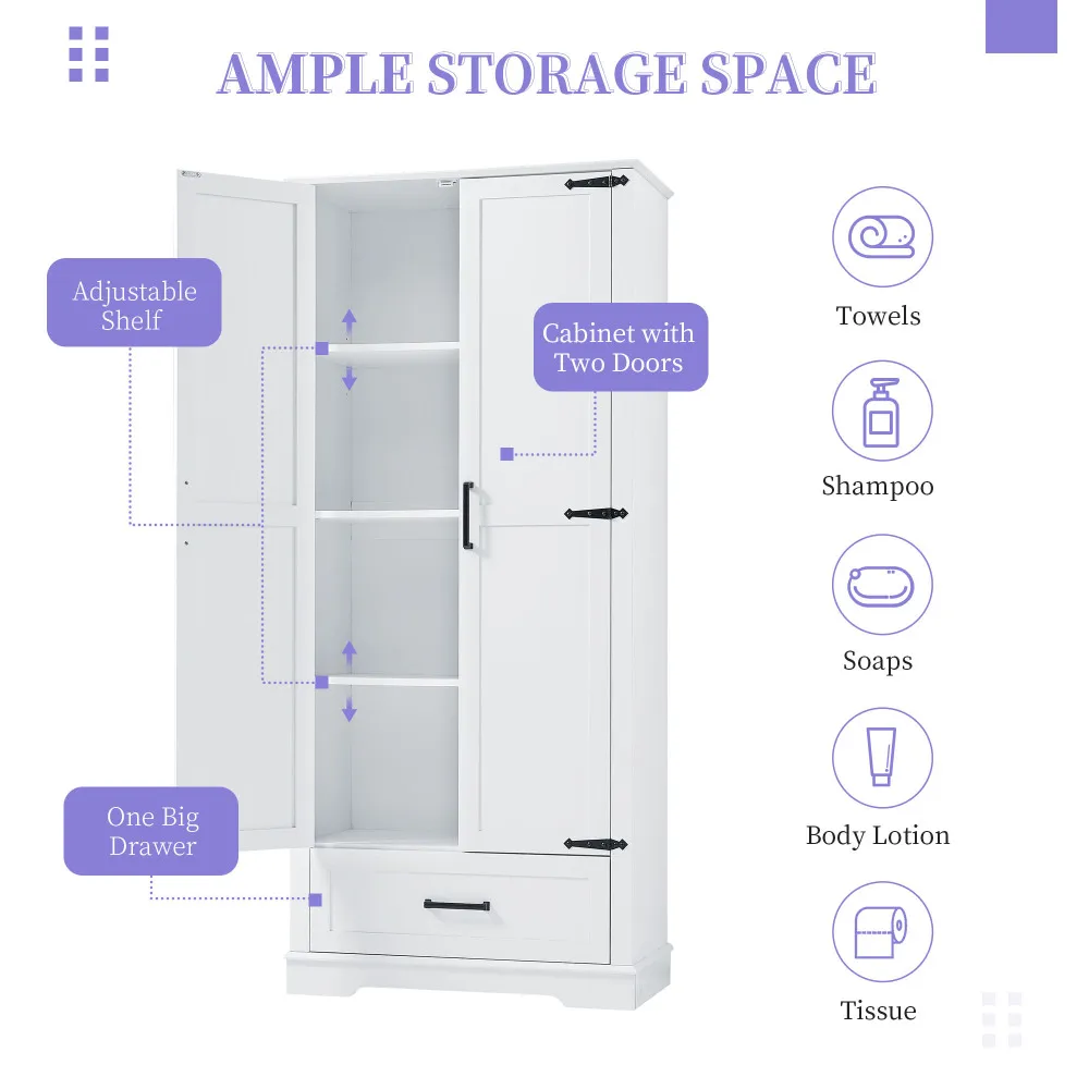 Tall Bathroom Storage Cabinet, Cabinet With Two Doors And One Drawer, Adjustable Shelf, MDF Board, White 5
