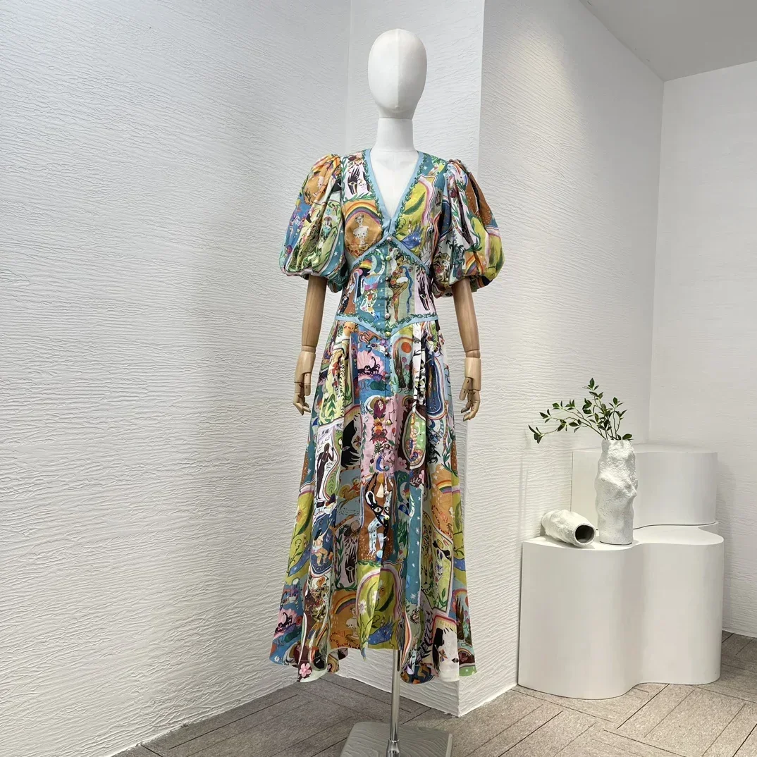 

Flax 2024 Latest Collection High Quality Portrait Cartoon Floral Print Short Sleeve Frill V-neck Women Midi Dress