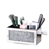 Glass Mirrored Organiser Crushed Diamond Makeup Brush Holder Organizer Remote Control Holder Container Accessories Desktop Decor 2