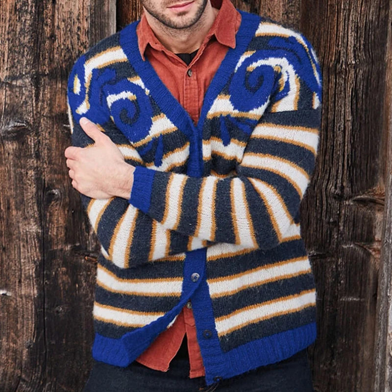 

Sweatercoat For Men Winter Vintage Striped Knitting Single Breasted V Neck Sweater Jackets Fall Casual Knit Coat Mens Streetwear