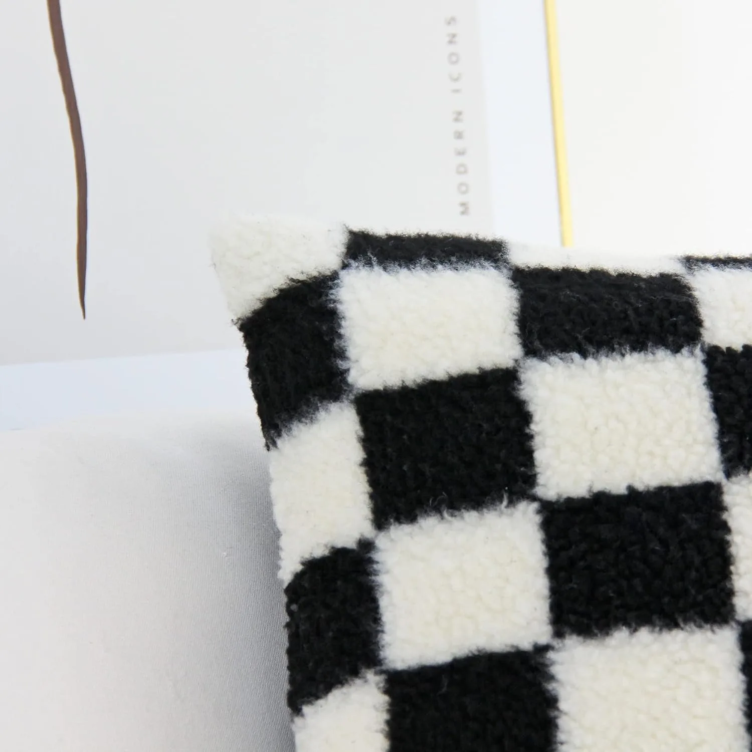 Black Faux Fur Wool Throw Pillow Cover Checked Cushion Cover for Sofa Couch Living Room Polyester Lumbar Pillow Home Decoration 5