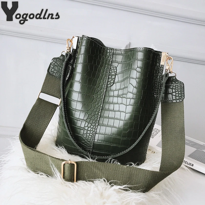 Bolsos de cubo informales Vintage para mujer, bolso grande de bolso de cocodrilo para el hombro de con patrón de bandolera de cuero de Pu, estilo Popular|Bolsos de hombro| - AliExpress