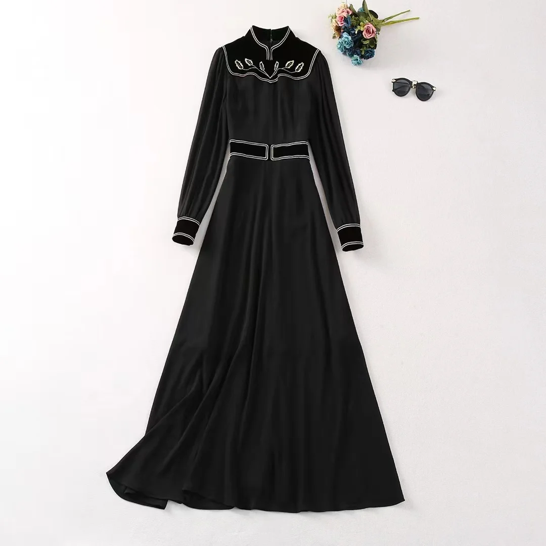 

European and American women's clothes 2024 spring new Stand collar Long sleeve embroidery fashion Black pleated dress XXL