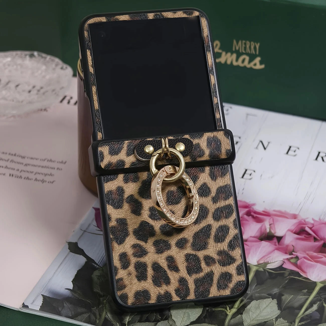Retro Leopard Print Leather Phone Case with Diamond Plated Finger Ring Buckle