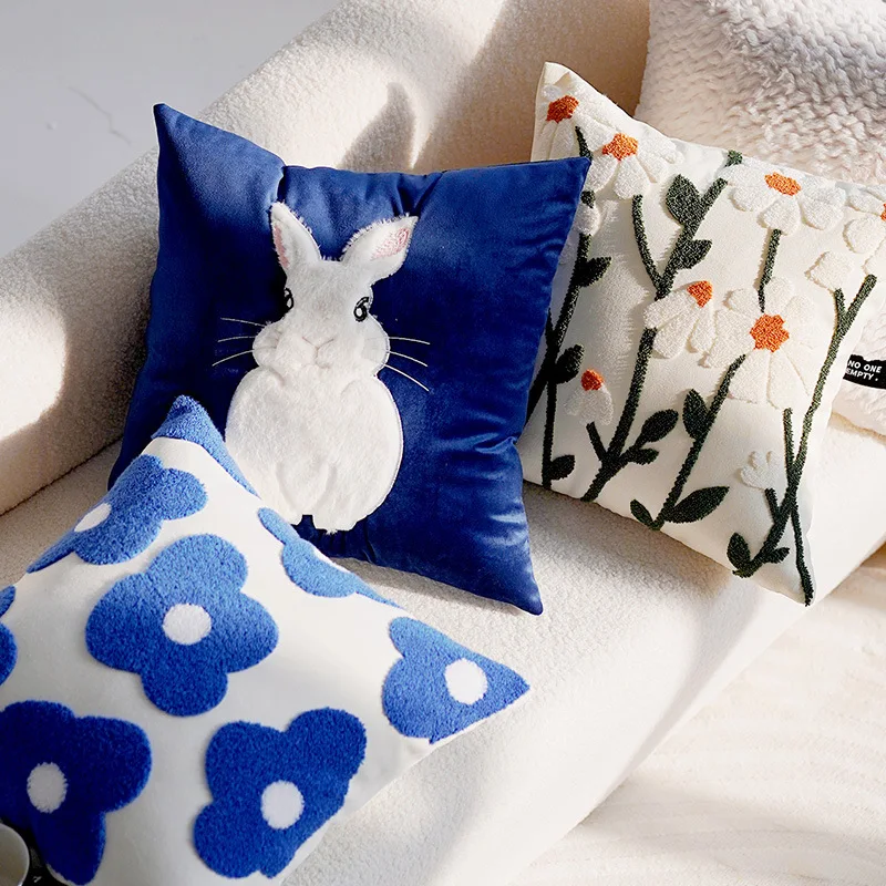 Blue Floral Throw Pillow Cover – Luxury Nordic Decorative Cushion Cover