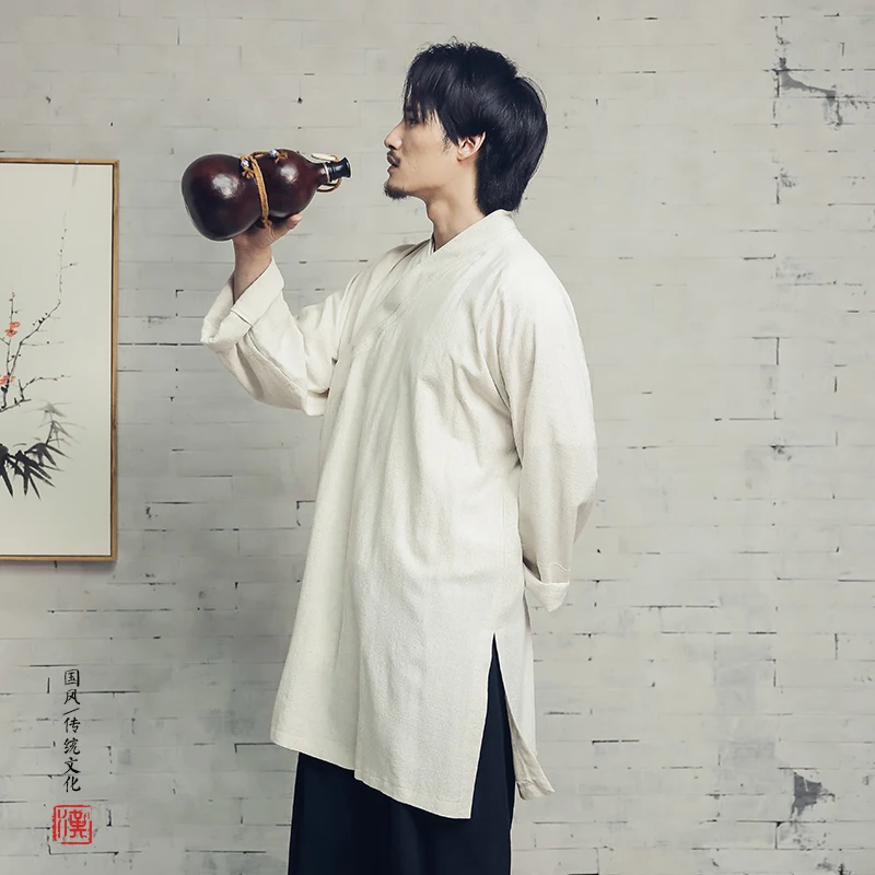 

Улучшенная рубашка в китайском стиле ханьфу, МОЛОДЕЖНЫЙ мужской костюм Тан, льняной топ в ретро стиле, длинный кардиган, куртка, Топ