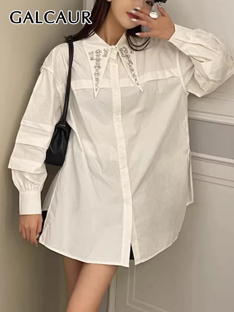 

GALCAUR Casual Minimalist Shirts For Women Lapel Long Sleeve Single Breasted Patchwork Diamonds Solid Loose Blouses Female New