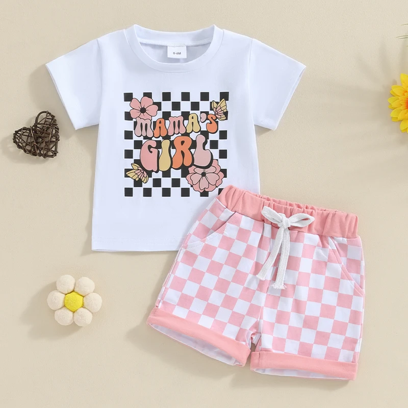 

Toddler Baby Girl 2Pcs Summer Outfits Mama's Girls Short Sleeve Tops+Checkerboard Shorts Set Clothes