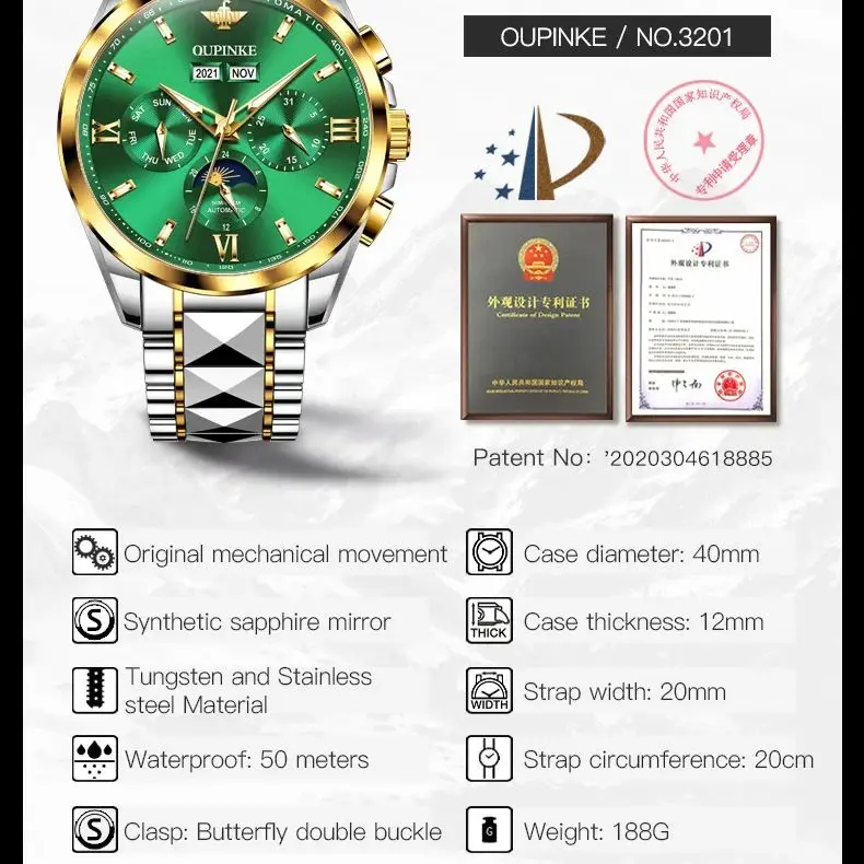 OUPINKE TOP Brand Automatic Watch for Men Moon Phase Sapphire Mirror Man Business Wristwatch Waterproof Chronograph Clock 3201