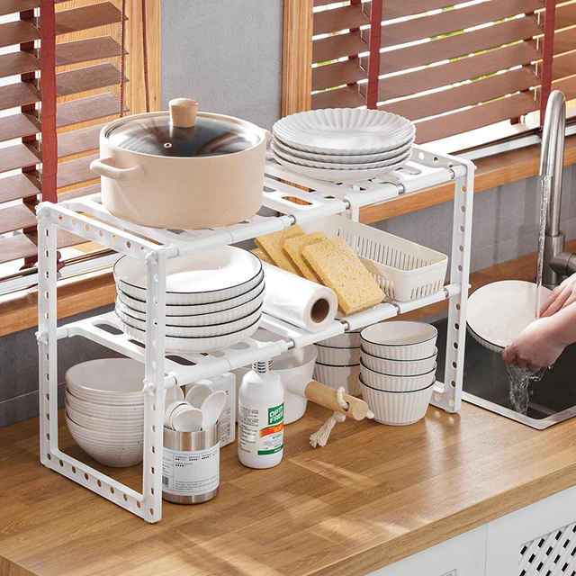 Kitchen Sink Storage Rack Stainless Steel Telescopic Plastic