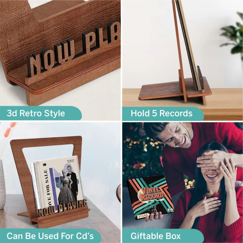 Now Playing Record Holder Wood Record Organizer Album Storage Shelves Holds Up To 5  Long Playing Record For Home Decoration - 3