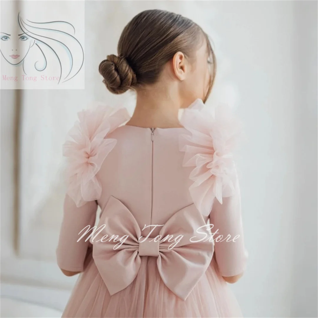 Light Pink Flower Girl Dresses for Wedding Party,Tulle Bow Half Sleeve