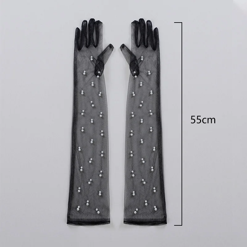 Sheer Tulle Full Finger Wedding Gloves Long Ultra Tulle Pearls Gloves Brides Bridesmaid Sleevelet Women Pageant Prom Handschuh wedding dress gloves