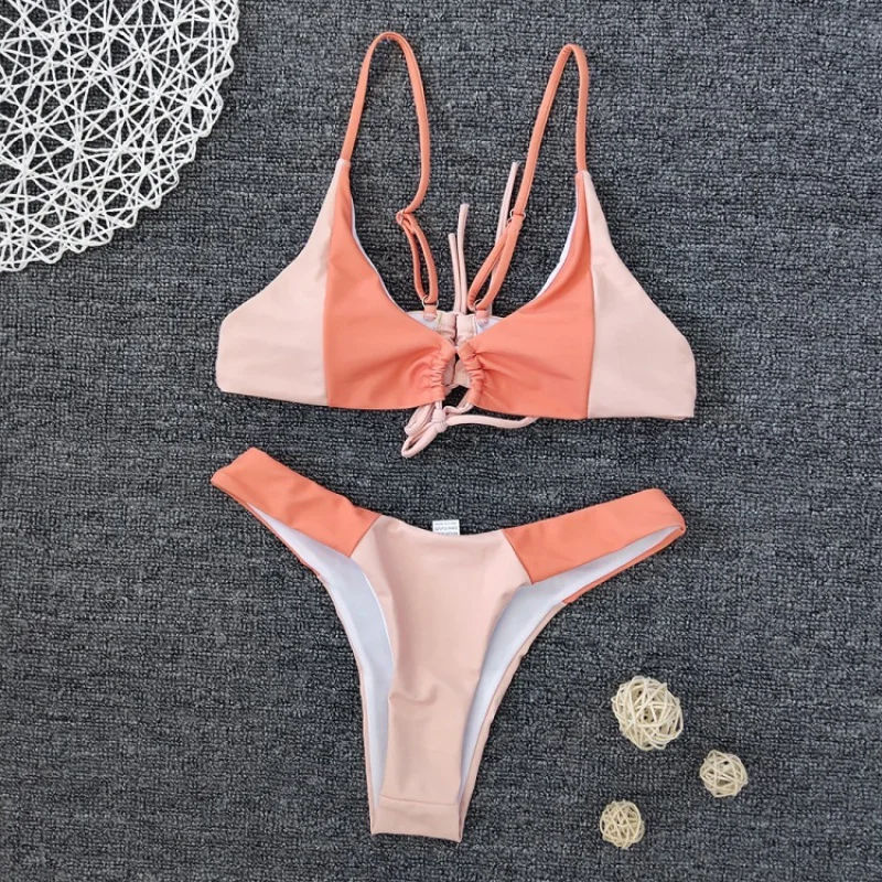 New Bikini Women's Sexy Color Block Swimsuit Bow Split Swimsuitbikini