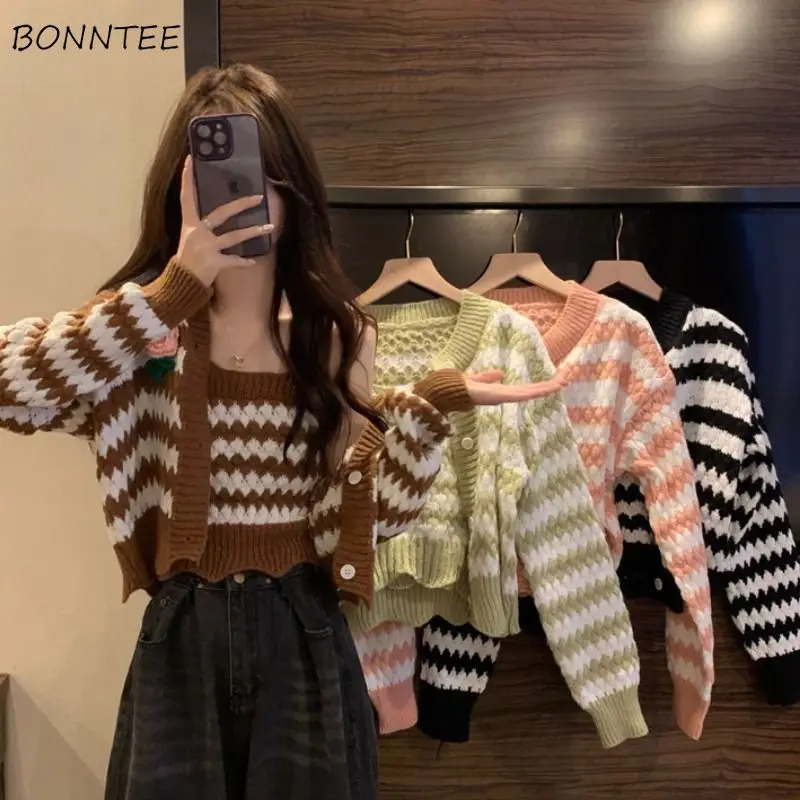 

Kawaii Cropped Striped Knitted 2 Pcs Sets for Women Korean Style Girlish Retro Autumn Cardigans Hotsweet Fashion Teens Camisoles
