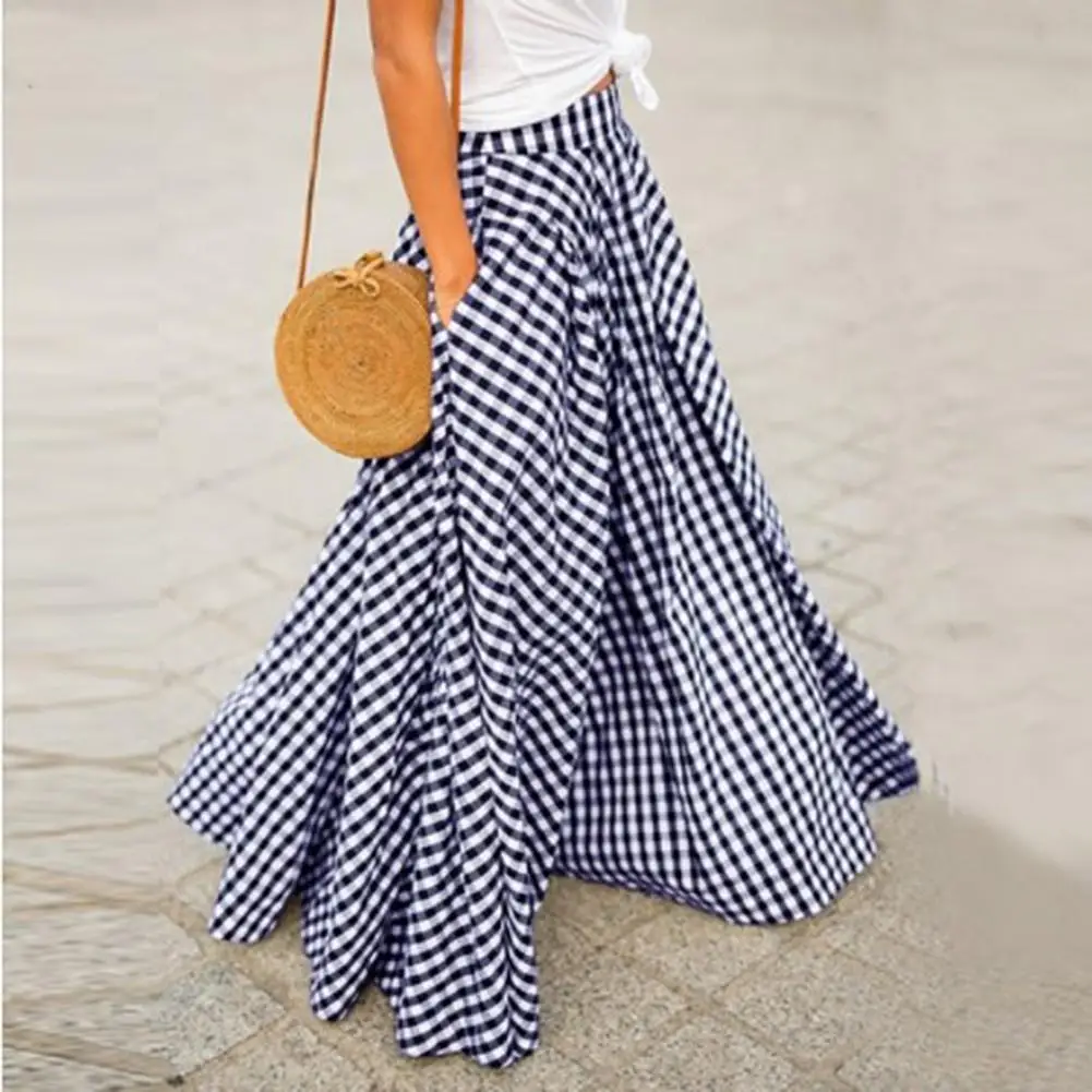 Women Skirt Plaid Summer Maxi Skirt Streetwear Vintage Literary Umbrella Skirt High Waist Slim A Word Plaid Long Skirt