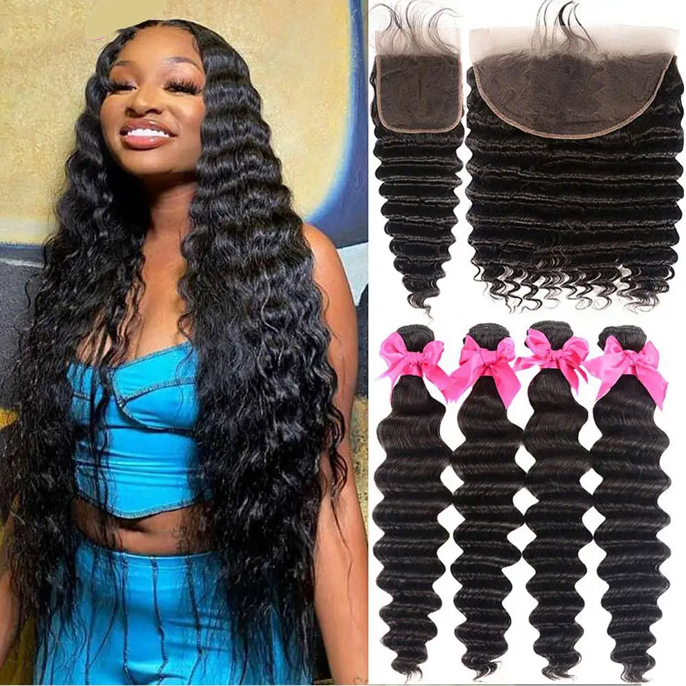 

Peruvian Loose Deep Wave Bundle With Closure Human Hair 3 Bundles With Frontal Closure HD Transparent Lace Frontal With Bundle