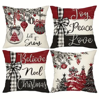 4pcs Rustic Christmas Pillow Covers – Farmhouse Plaid and Floral Design for Home Sofa Living Room and Holiday Decor