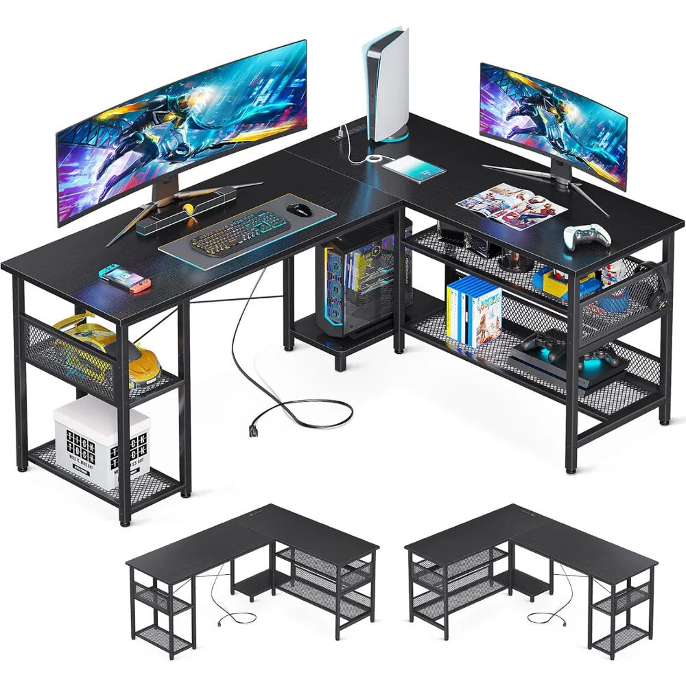 

59" L Shaped Desk with Power Outlet and USB Charging Ports, Reversible L Shaped Computer Desk with Storage Shelves