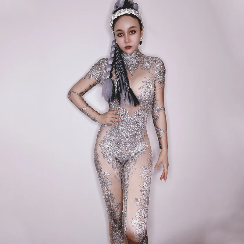 

Nightclub Bar Dj Ds Jazz Dance Clothing Women Sexy Rhinestones Jumpsuit Carnival Party Outfits Gogo Costumes Rave Clothes XS5284