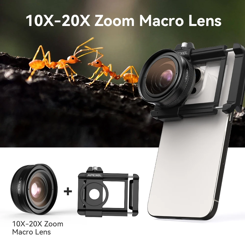 APEXEL 10X-20X Zoom Mobile Phone Macro Lens 37MM Thread Phone Lens Support Eye Macro Photography with  Universal Stretching Clip