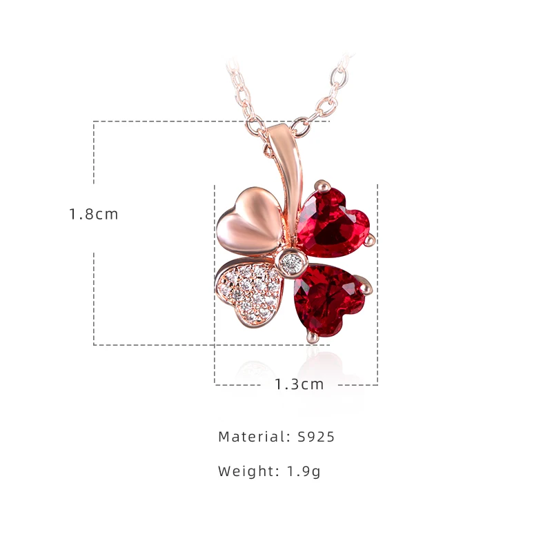 JoiasHome 925 Silver Necklace Pendant Korean Rose Gold Necklace with Lucky Clover Garnet Pendant Valentine's Day Gift pendant necklace silver necklace