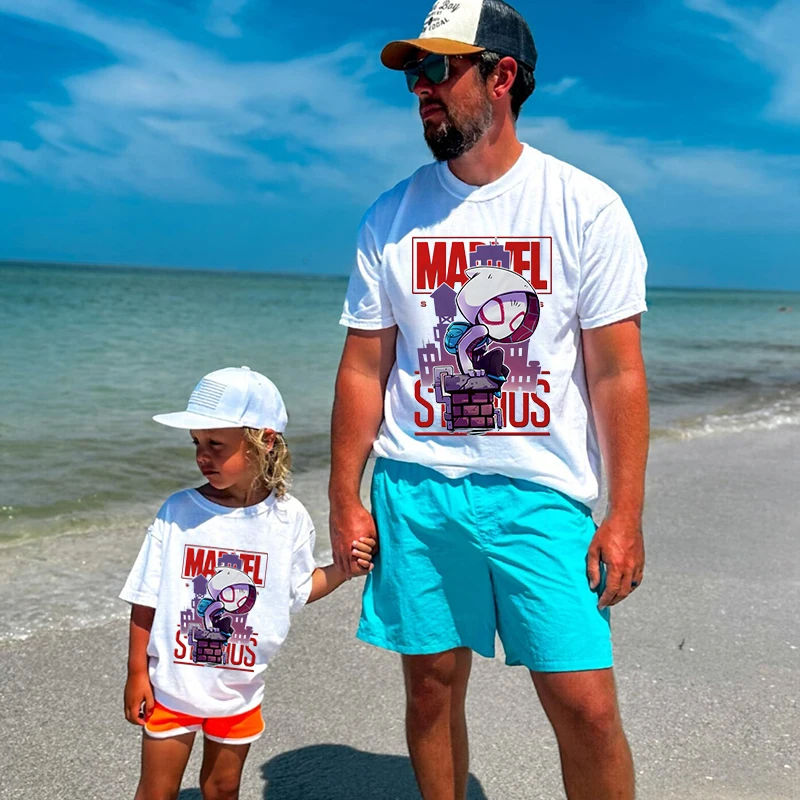 Marvel Hero Print T-shirt Dad and kids Cotton Short Sleeve Family Matching Outfits Casual White Top 5