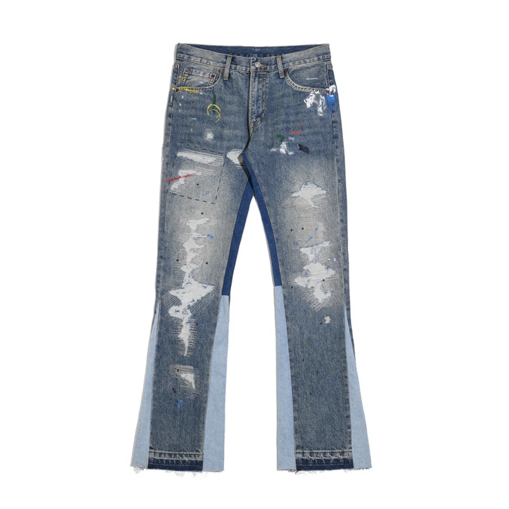 High Street Washes Prints Splashes Ink Retro Streetwear Mens Jeans Spring and Autumn Full Length Trousers Ripped Jeans men jeans ripped jeans ripped patchwork jeans