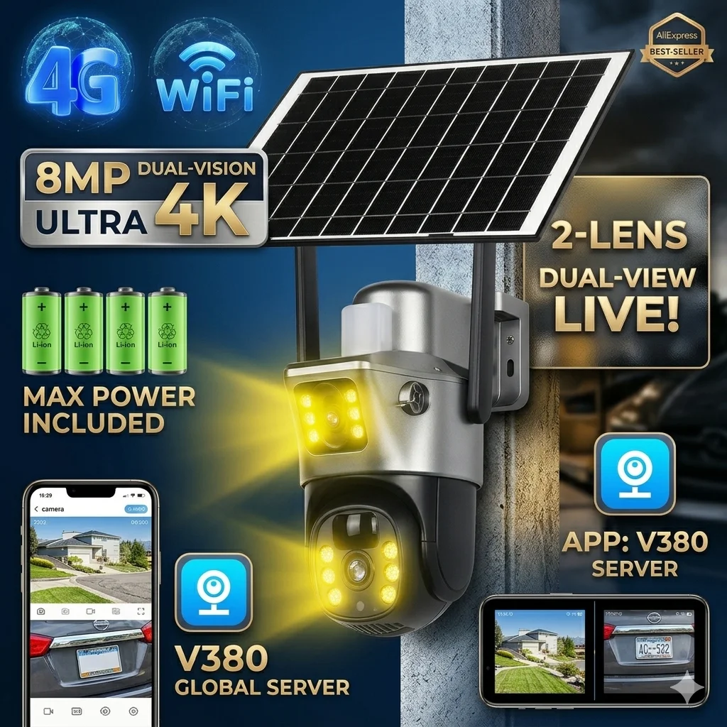 2026 Outdoor 4K 8MP Wireless Solar Camera 4G Sim Dual Lens Wifi IP PIR HD Night Vision Camera V380Pro PTZ Security CCTV Monitor 1