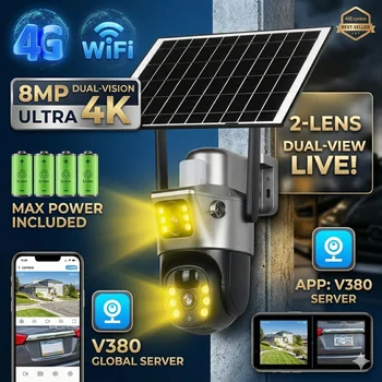 2026 Outdoor 4K 8MP Wireless Solar Camera 4G Sim Dual Lens Wifi IP PIR HD Night Vision Camera V380Pro PTZ Security CCTV Monitor 1