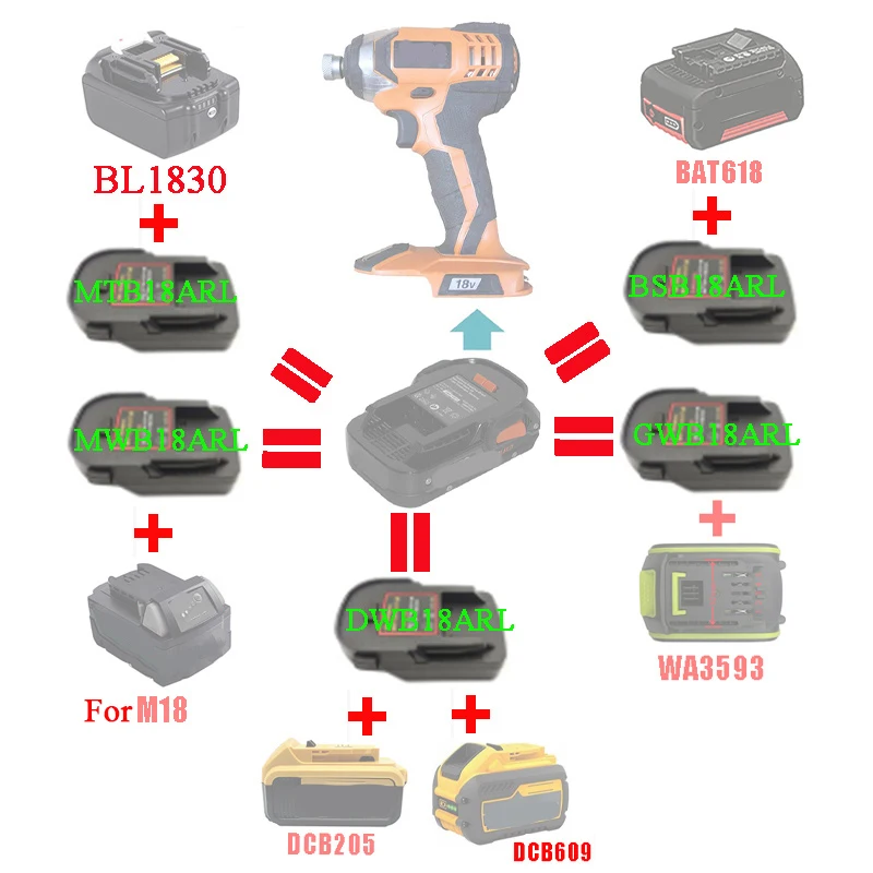 

Адаптер преобразователь BSB18ARL DWB18ARL GW18ARL MTB18ARL для Makita для DeWalt для Bosch для Milwaukee Worx Аккумулятор для инструмента AEG